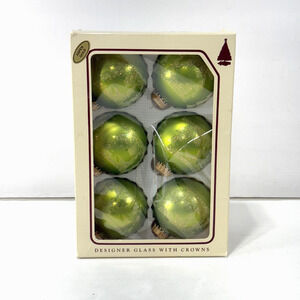 Vtg Christmas By Krebs Glass Ornaments Set 6 Aspen Gold Moose Trees Lime Green